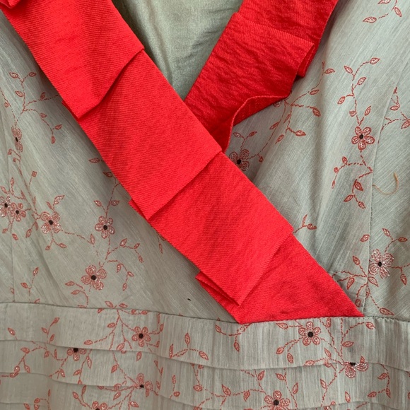 PTA Midi Dress A-line Skirt Surplus V-Neck Grey Beige Red Flowers Sleeveless L - Picture 6 of 11